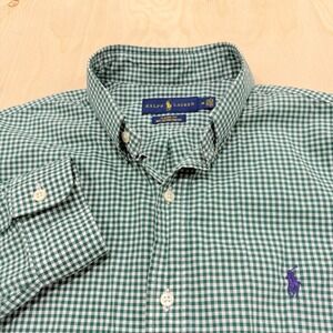 Ralph Lauren Mens Button Down Shirt Medium Green Gingham Purple Pony Long Sleeve